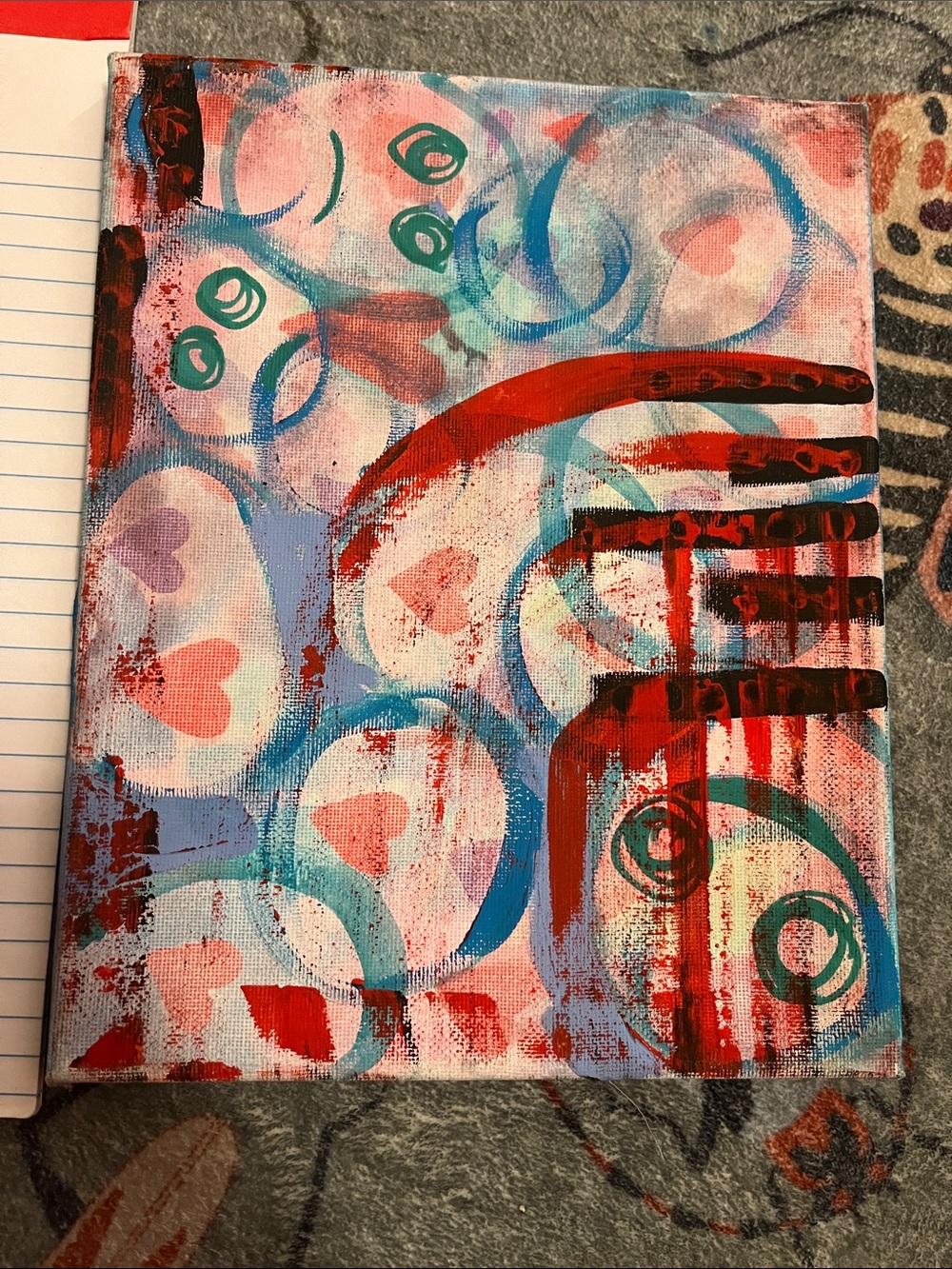 Modern Abstract Heart & Circles Canvas Art in Red, Teal, Pink